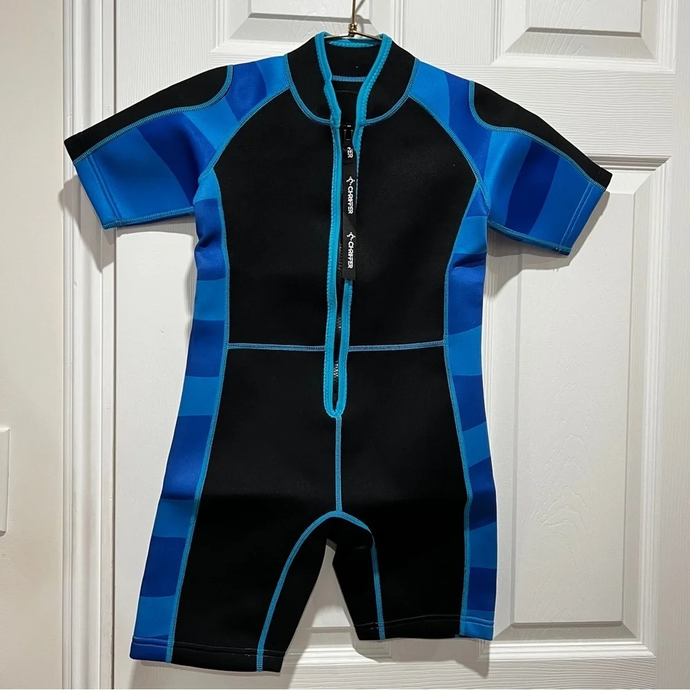 Chriffer Kids Wetsuit Size Large Black/Blue Print Details Short Sleeve Boys